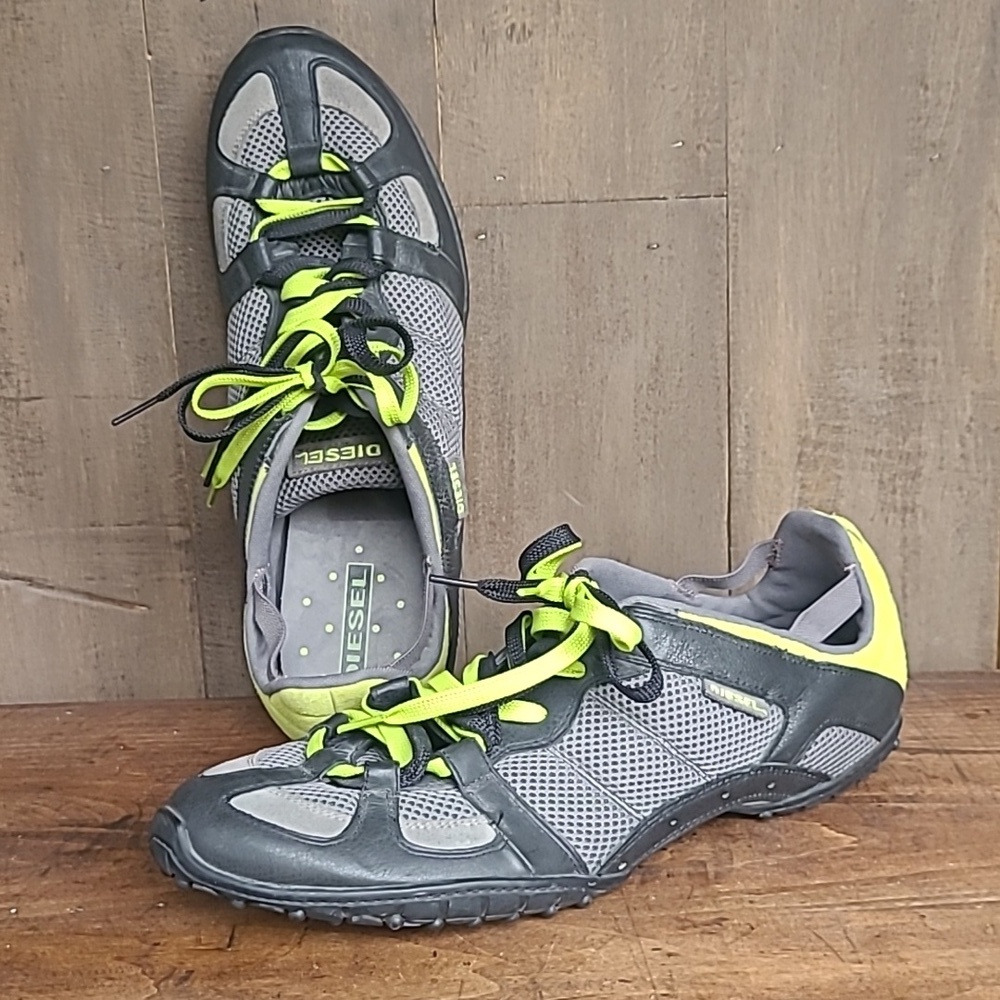 Diesel Hunter Black/Grey Leather Neon Yellow Double Lace Up Sneaker Men's sz 16